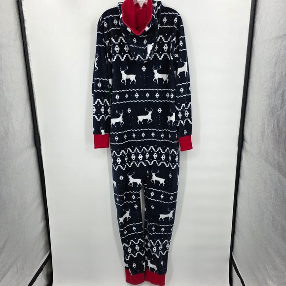 TIPSY ELVES Blue Reindeer Fleece Hooded One Piece Jumpsuit Pajamas Men's L NWT - Picture 6 of 10